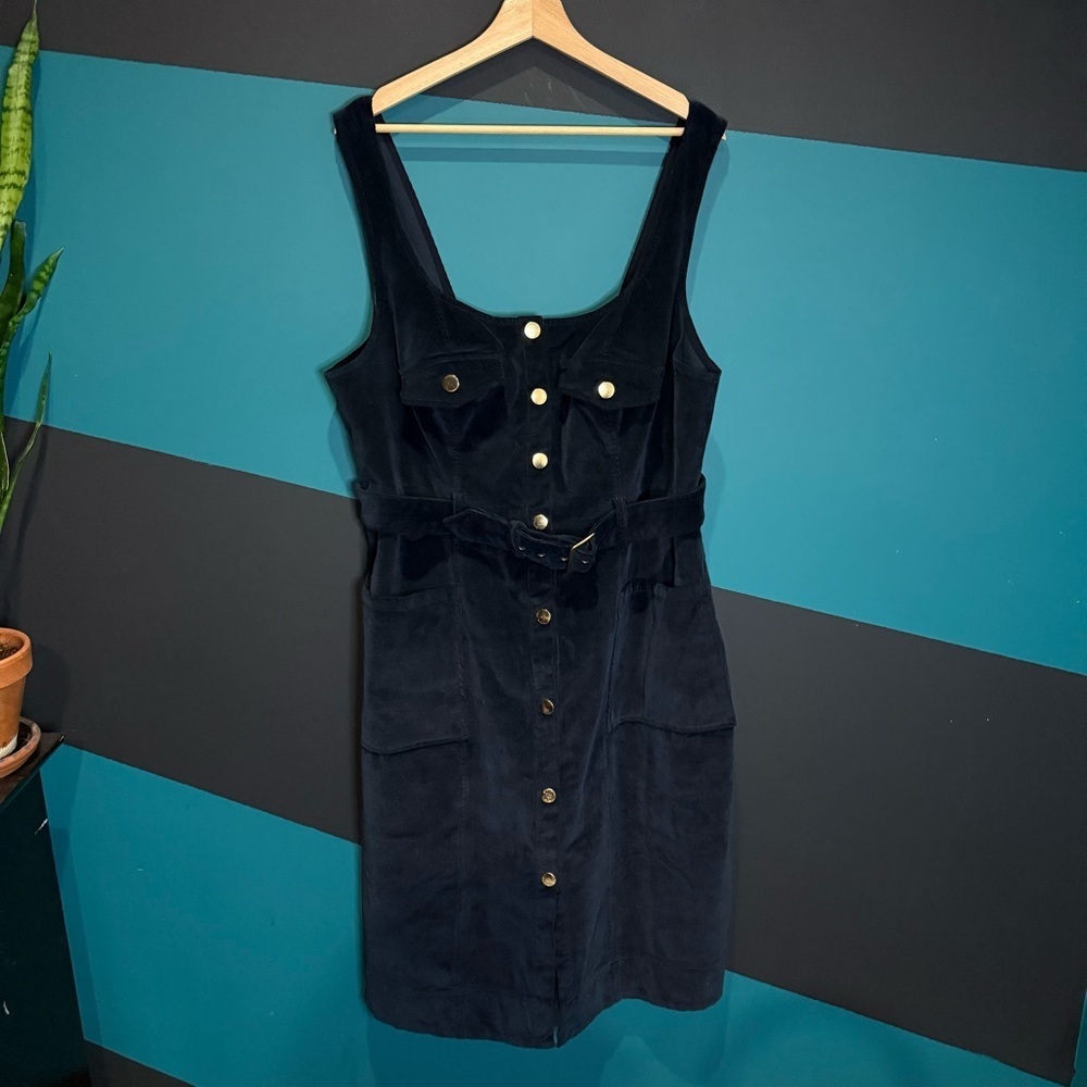 Maeve Anthropologie Corduroy Navy Blue Slim Pinafore Midi Dress size 16 W Preppy - Picture 5 of 15